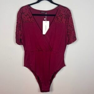 NEW Bloomchic Red Floral Lace‎ Detail Womens Crossover Bodysuit size 12 NWT Boho